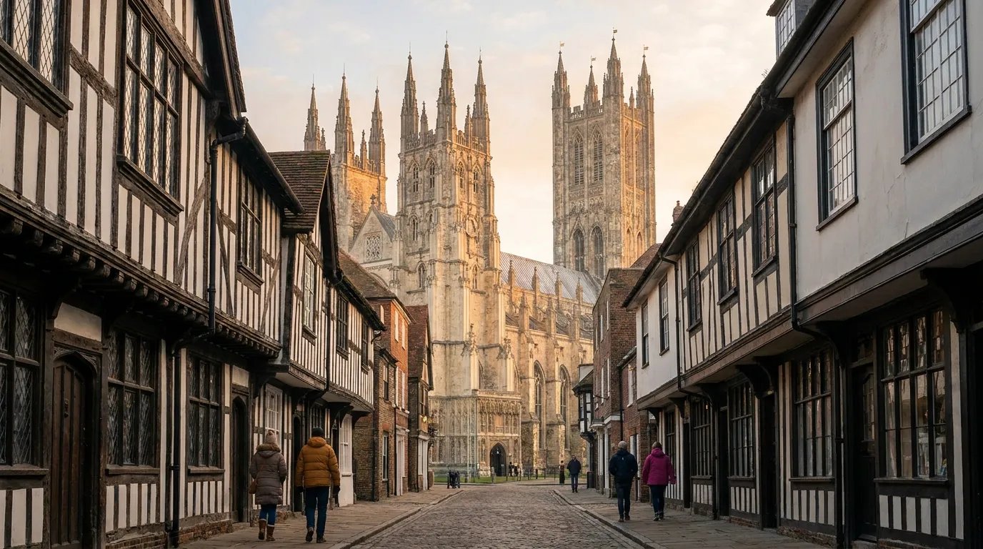 Canterbury Cathedral's towers rising above the timber-framed buildings and cobbled high street of the historic city centre