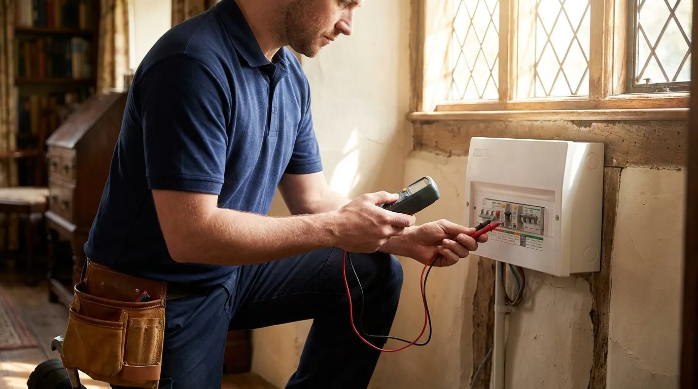 A qualified electrician in a hi-vis top testing a modern white consumer unit with an RCD, installed on the wall of a Kent period home