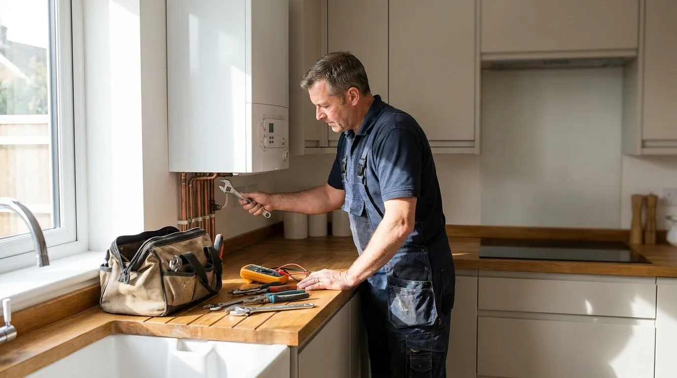 A plumber servicing a wall-mounted gas combi boiler in a Kent kitchen, checking pipework with tools laid out on the worktop