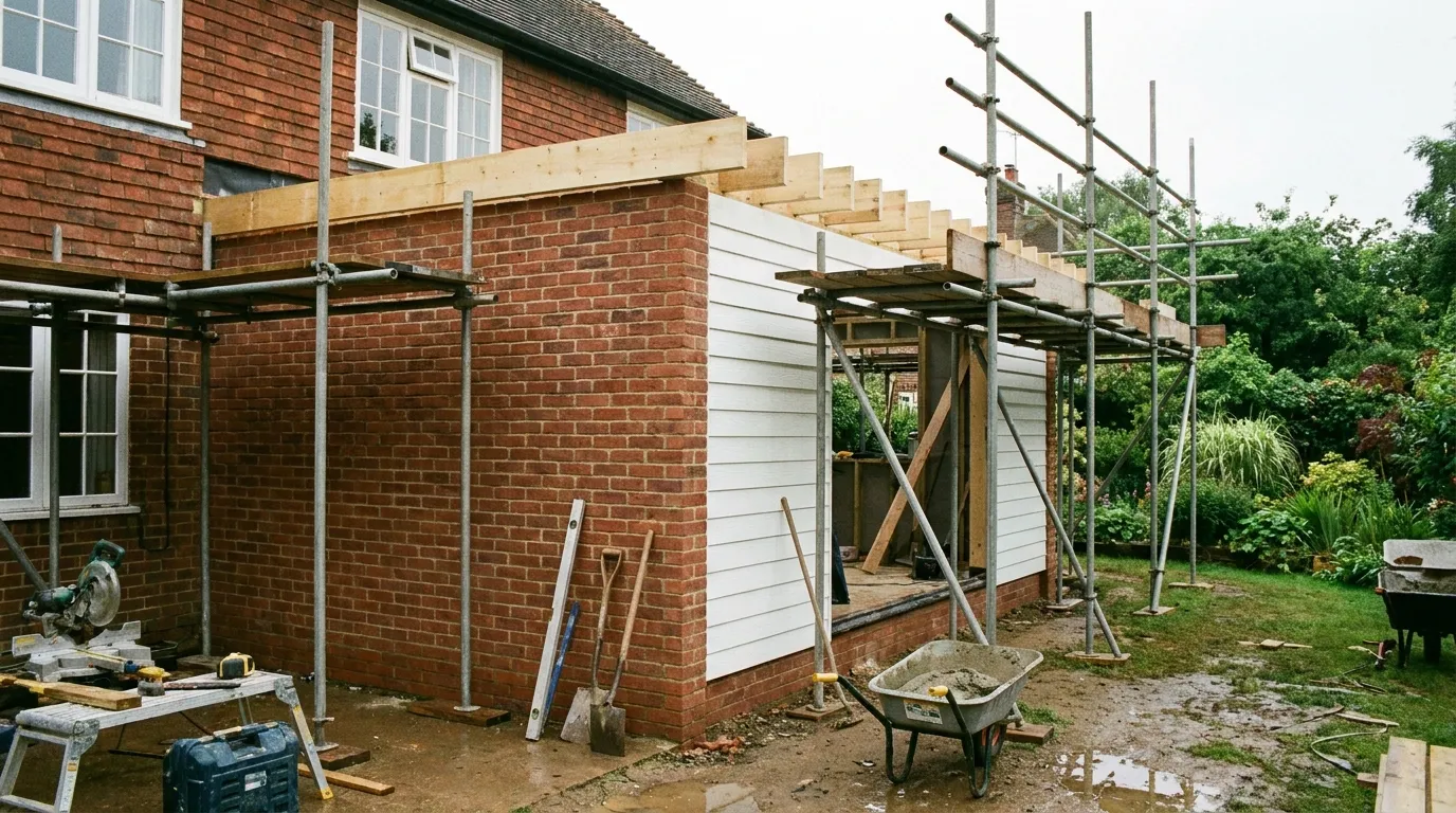 Builders constructing a red-brick and white weatherboard single-storey rear extension on a period Kent house, with scaffolding and exposed timber roof joists