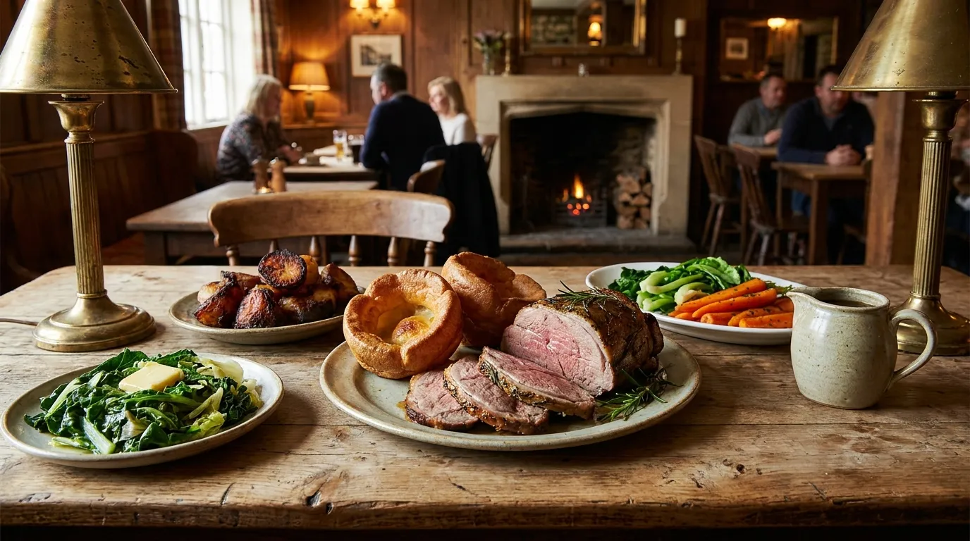 A traditional Sunday roast of sliced lamb, golden Yorkshire puddings, roast potatoes and seasonal vegetables on a wooden table in a cosy Kent country pub