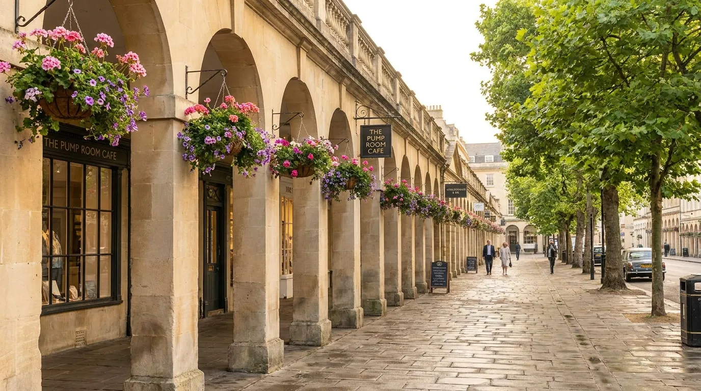 A Georgian colonnaded shopping walkway with hanging flower baskets and independent cafés, evoking the Pantiles in Royal Tunbridge Wells
