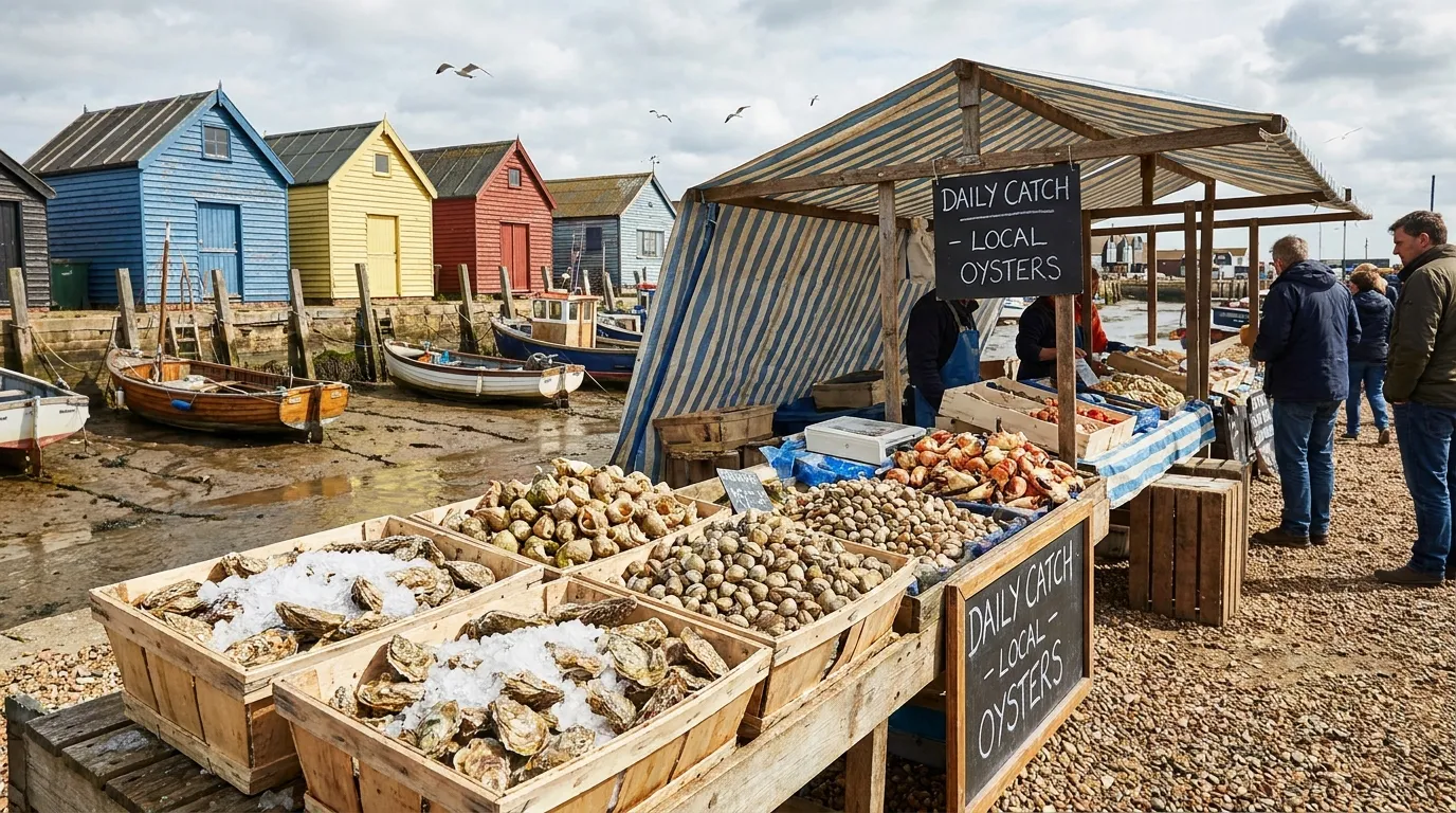 Fresh oysters and seafood on ice at a stall beside Whitstable harbour, with fishing boats and colourful working huts in the background